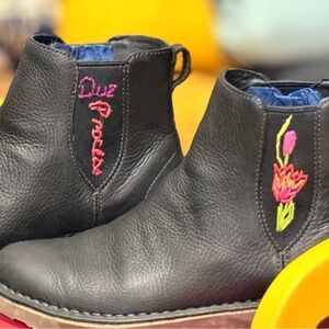 L.L. Bean Black Stonington Leather Boots with Pink and Green Embroidery